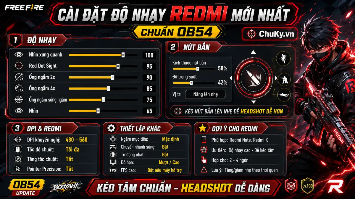 Cách Chỉnh Độ Nhạy Redmi OB54 VIP chuẩn Headshot