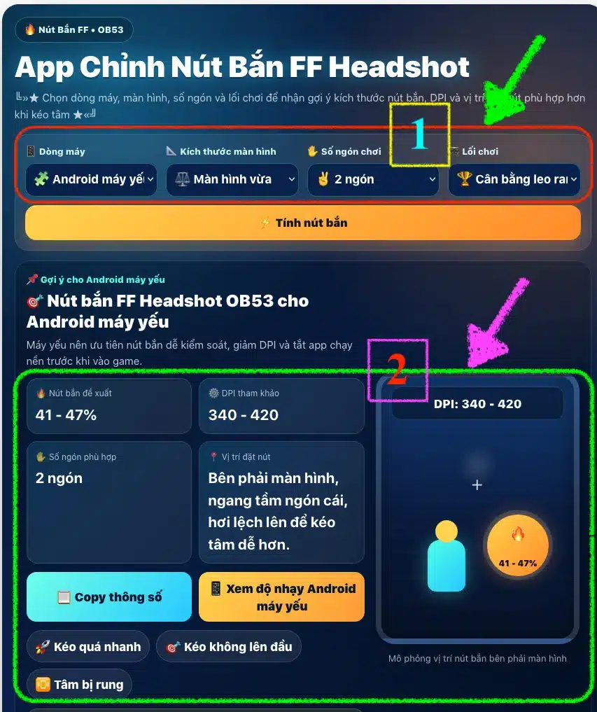 Cách Chỉnh Nút Bắn FF Headshot Full Đỏ Các Dòng Máy 2-4 ngón