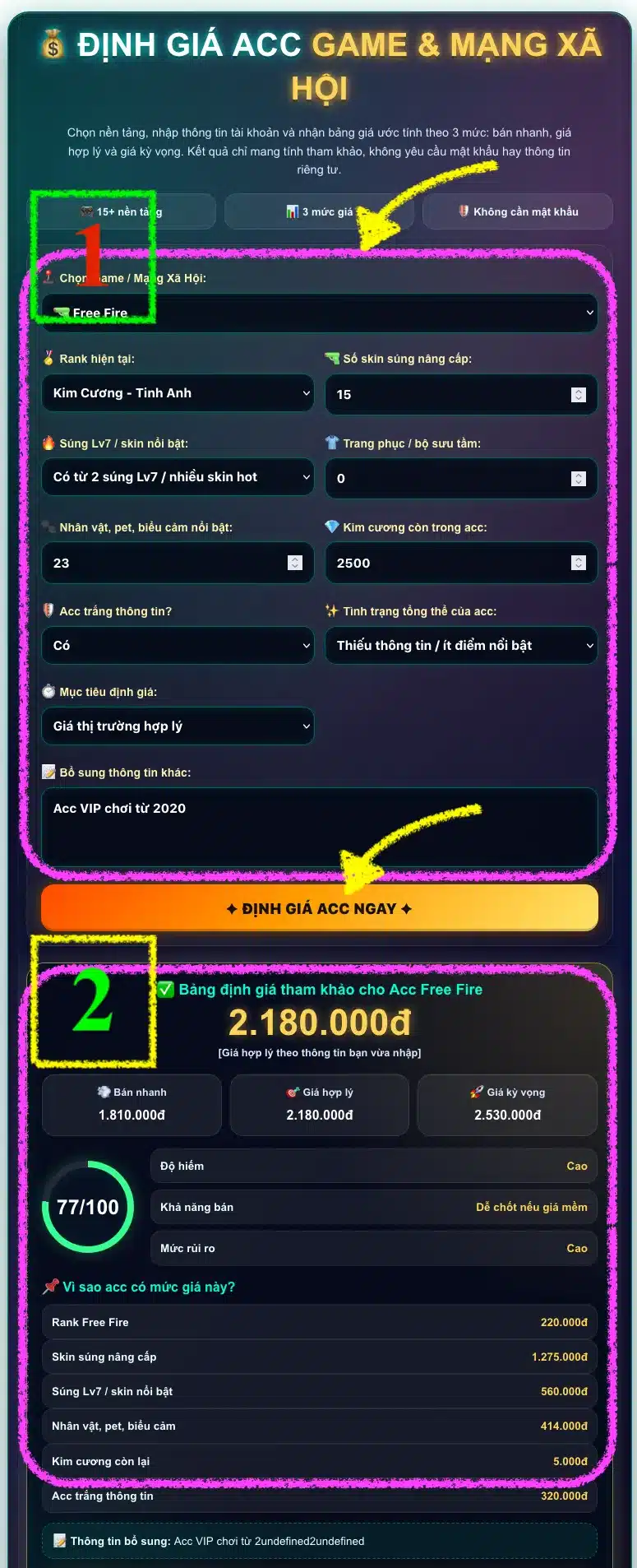 Cách dùng app, web Định Giá Acc miễn phí