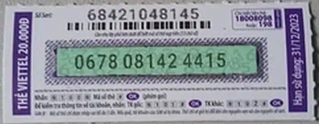 Ảnh thẻ Viettel 20k đã cào có số seri