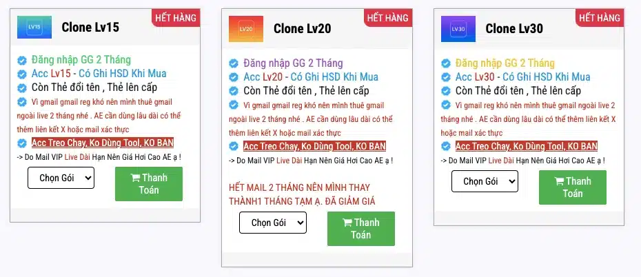 Các loại Acc Clone FF