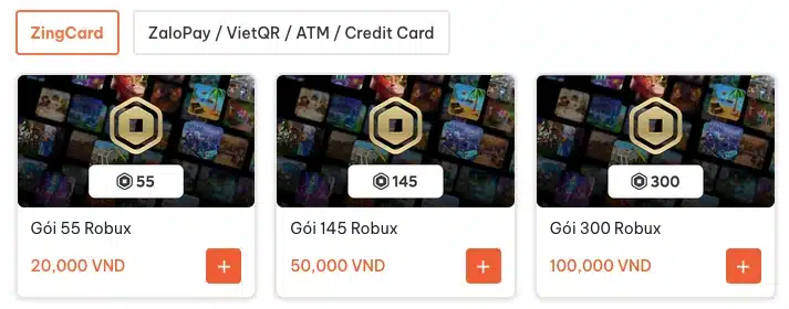 Gói Nạp Robux bằng ZingCard
