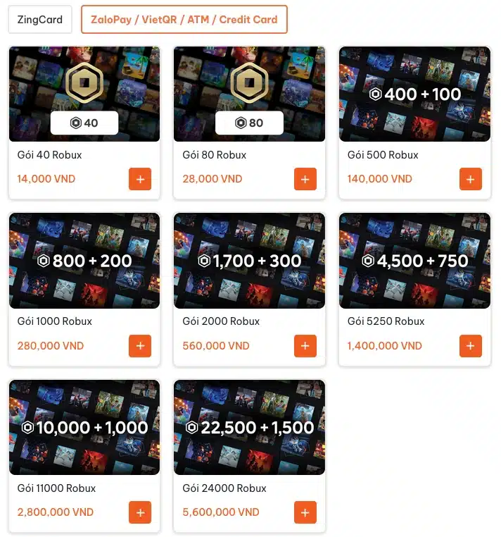 Gói nạp Robux bằng ZaloPay/VietQR/ATM/Credit Card